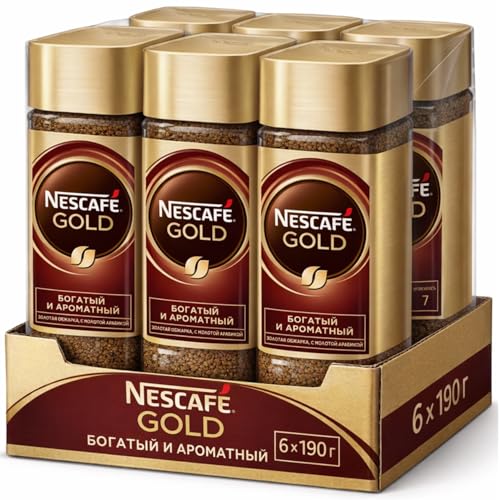 Nescafe Gold Instant Coffee 190g (Pack of 6) By Cougar - Rich & Aromatic | Premium Freeze-Dried Coffee | Smooth Balanced Taste | Intensity 7 | Twin Pack Instant Coffee Jars - (IMPORTED)