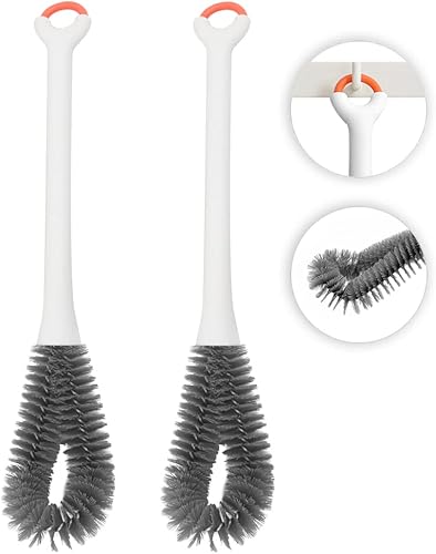LEERFEI Paquete de 2 cepillos reutilizables para limpiar botellas, cepillo flexible para botellas de agua, cepillo de limpieza de platos de mango