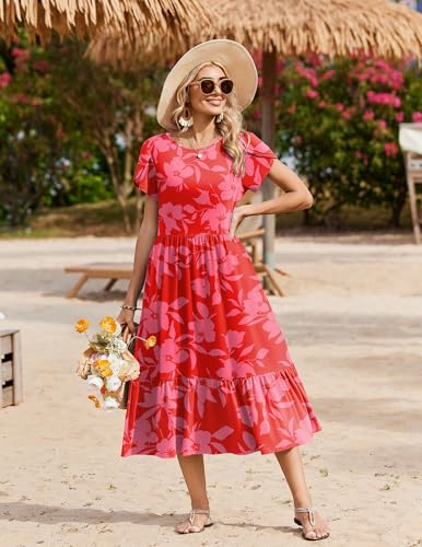 Image of Zeagoo Women Summer Midi A Line Dress Short Sleeve Casual Flowy Tiered Beach Long Sundress with Pockets 2026 Vacation Travel