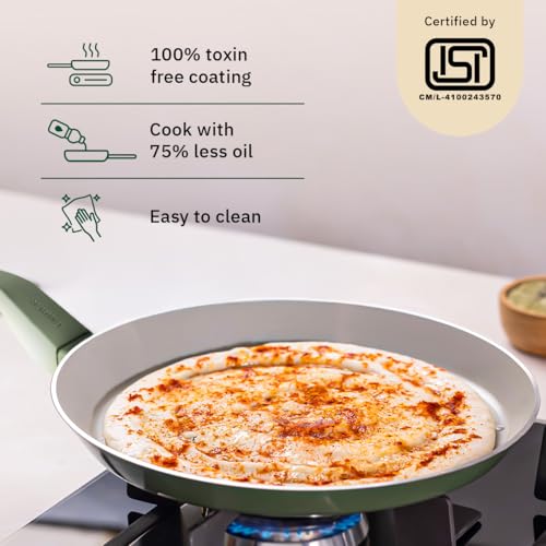 Image of Ember Cookware Arcilla Ceramic Non Stick Tawa 28cm | Non Toxic Roti & Chapati Pan | ISI Certified | Ceramic Cooking Tawa | PFAS & PTFE Free | 5-Year Warranty | Green