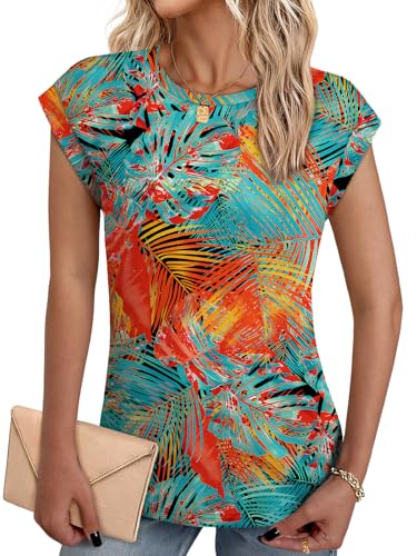 NORACORA Womens Spring Summer Floral Print Blouse Lightweight Cap Sleeve Shirts Dressy Casual Tunic Tshirts Shirts for Women Trendy Tropical Vacation Outfits Tropical Leaves XL