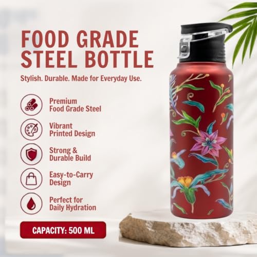 Image of VOIK Printed Stainless Steel Water Bottles for Kids, Office, Sports & Travel (750 ML) (Floral-Flipper)
