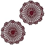BIBITIME Easter Mother's Day 2 PCS 15 inches to 16 inches Doilies Kitchen Handmade Placemats Round Crochet Flower Cup Mug Mat Table Doily (Wine Red)