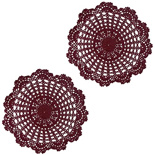 BIBITIME Easter Mother's Day 2 PCS 15 inches to 16 inches Doilies Kitchen Handmade Placemats Round Crochet Flower Cup Mug Mat Table Doily (Wine Red)