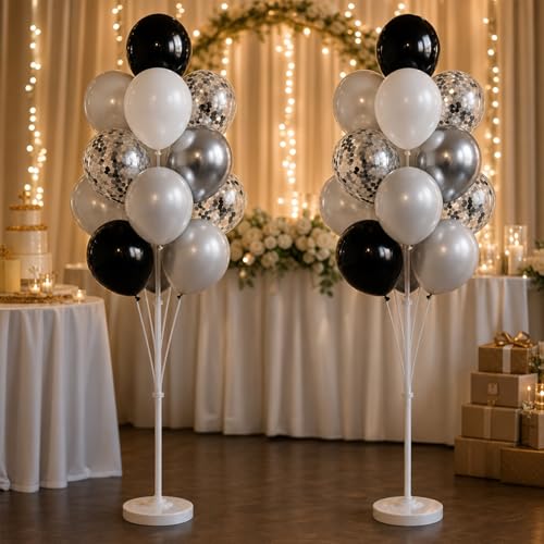 Image of Balloon Column Stand Kit,2 Sets of Assorted Rainbow Balloon Tower Pillar with 10inch Bright Color baloon Reusable Design for Grirls Party,Birthday, Wedding,Baby Shower (Black Silver)