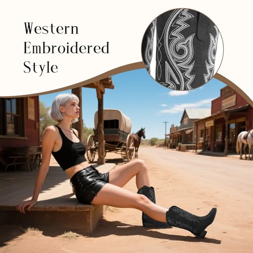 Image of LingxiaUne Cowboy Boots for Women Floral Cowgirl Boots with Pointed Toe and Chunky Heel Mid Calf Western Boot for Concert Festival Country Night Party
