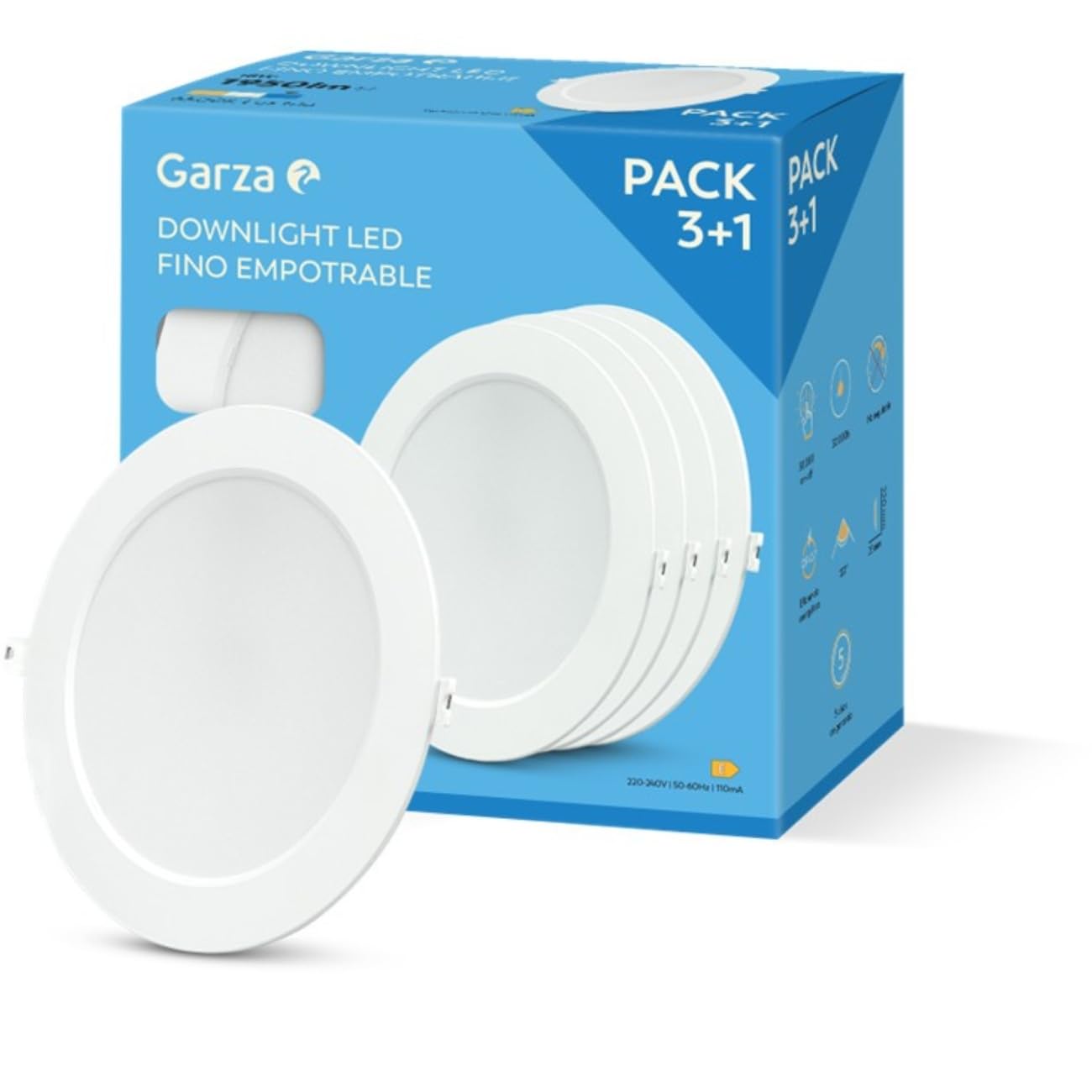 Garza - Pack 3+1 Downlight LED Techo empotrable 18W, 6500k (Luz Fría), Ø220x29mm, 120º, Lampara de techo plana color blanco para baño, salón, cocina...