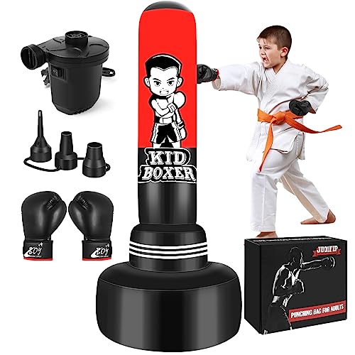 JUOIFIP Punching Bag for Kids Set 65~''Large Three-Tier Design Stable, Inflatable Boxing Toy with Gloves and Electric Air Pump, Kid Standing Boys Girls Age 3-15 Training Karate.. black red