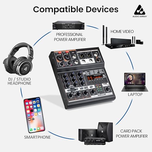 Image of Audio Array 4-Channel 3-Out Hybrid USB Summing Audio Mixer | 4 Analog & 2 Digital Channels | 99 DSP FX | 192kHz /24-Bit OTG | Balanced XLR Output | Phantom Power & Hi-Z | BE-4