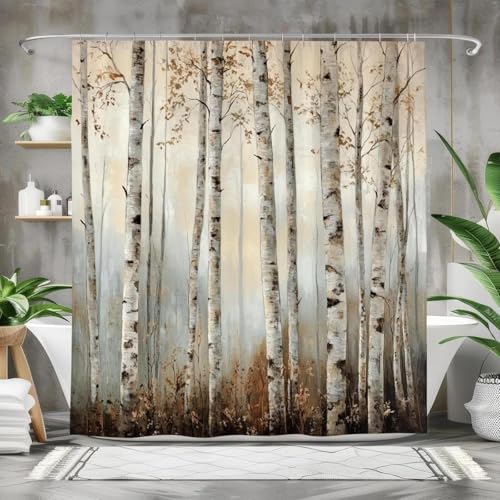 LMYCHENG Forest Birch Trees Shower Curtain Waterproof, Nature Bathroom Curtain Decor, Rustic Farmhouse Bath Curtain With hooks 178x183cm/70x72in