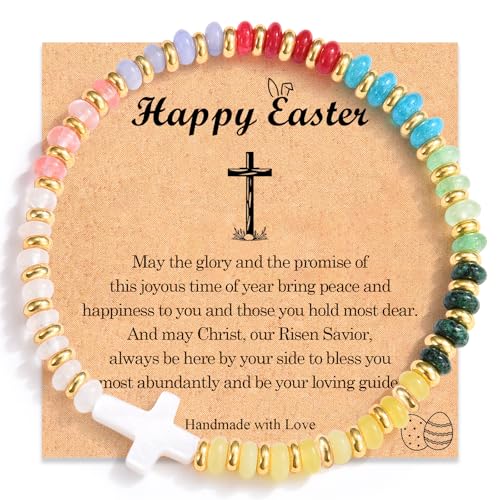 Image of Easter Basket Stuffers for Teens Boys Girls Kids, Colorful Cross Bracelet Easter Gifts Basket Fillers Egg Stuffer with Card for Daughter Granddaughter Niece Sistr