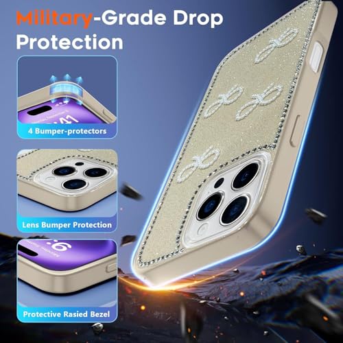 Image of DIZORO Compatible for iPhone 13 Pro, Luxury Diamond Cute with Bow Glitter Bling Case with Full Camera Protection PC+TPU Glossy Shiny Back Cover Case for Girls Women (Desert)