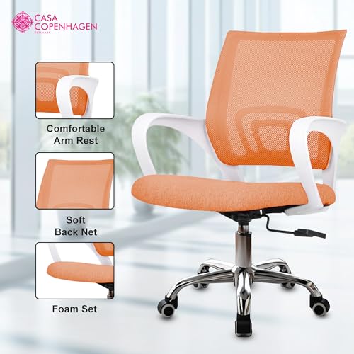 Image of Casa Copenhagen Mesh Mid Back Office /Study /Computer /Revolving /Desk Chair for Work from Home -Metal Base, Height Adjustable Seat- Pomorange& White Handle
