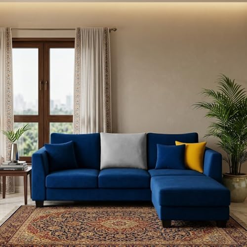 Image of SOCOZI Trevano 4 Seater L Shape Sofa Set with Movable Ottoman | Flexible Left or Right Layout | Soft Velvet Suede Fabric | Modern Design | Plush Comfort Cushions for Living Room (Blue -Light Grey)