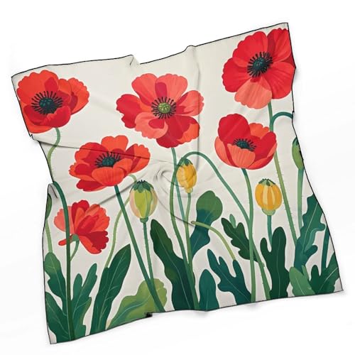 Silk Square Scarf Poppy Flowers Neck Scarf for Women Hair Scarf Lightweight Large Shawl Wrap Silk Scarves for Hair Wrapping Sleeping Silk Neckerchief Headscarf3