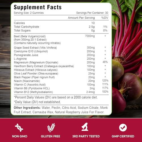 Image of Beet Root Gummies - Nitric Oxide Beetroot Gummies with Coq 10, Grape Seed, Pomegranate for Circulation & Energy Support - Vegan, Non-GMO, 60 Beet Chews