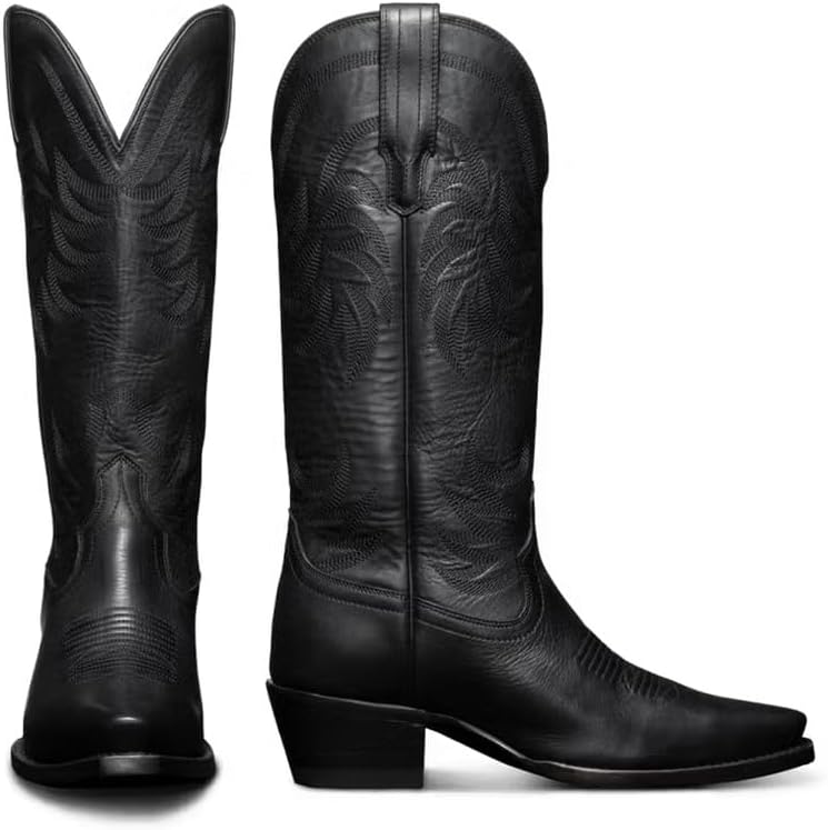 Women's Knee High Cowboy Boots Chunky Block Heel Pointed Toe Wide Calf Pull On Embroidered Western Party Concert Cowgirl Boots