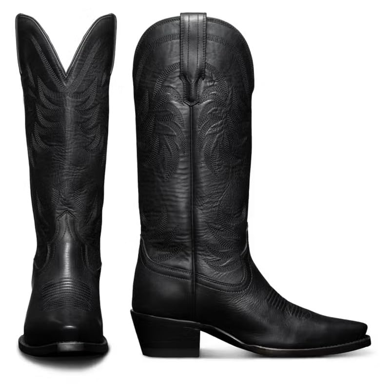 Cowboy Boots for Women Knee High Chunky Heel Pointed Toe Wide Calf Pull On Embroidered Western Cowgirl Boots