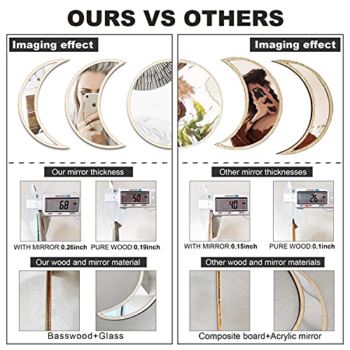 Moon Phase Mirror Set, Wall-Mounted Wall Decor Mirror, Boho Accents Room Decoration, Scandinavian Wall Hanging Glass Moon Mirror Wall Decorative For Bedroom, Living Room, Punchless, Real Mirror #TOP3