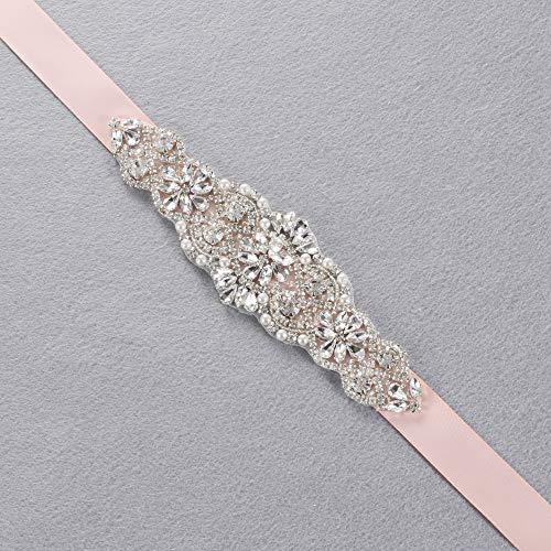 Yanstar Blush Sash Crystal Applique Wedding Bridal Belts In Silver With Pearls Beaded On Wedding Prom Dress-7.7In2In
