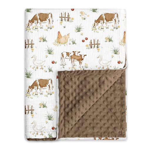 Image of GLLQUEN BABY Blankets for Boys Girls, Soft Muslin Cotton Front Dotted Fleece Backing, Nursery Minky Crib Blanket for Infant Toddler, 30 x 40 inches Throw Blanket, Cow Farm