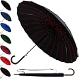 60MPH Windproof 24 Rib Large Strong Umbrella - XL Automatic Heavy Duty Golf Umbrella For Rain and Wind - 3 Layer Frame - Wooden Hook Handle - Best for Most Ribs