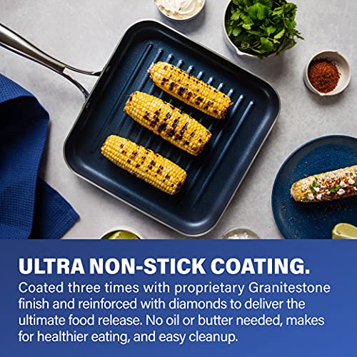 Granitestone Blue Nonstick 10.5” Grilling Pan, Diamond Infused, Metal Utensil Sear Ridges For Grease Draining, Stay Cool Stainless-Steel Handle Oven & Dishwasher Safe, 100% Pfoa Free #TOP1