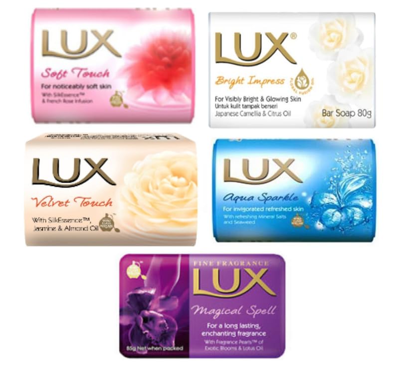 Lux Family Pack Soap Bar Bundle 5 Pack Variety - Soft Touch Magical Spell Bright Impress Aqua Sparkle Velvet Touch 80g Each