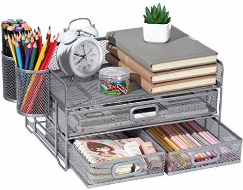 Vikmyer 3-Trays Desktop Organizer mit Schublade, Mesh Büro Schreibtisch liefert Organizer Dokumenten Buchstaben Tray Halter für Büro Home (2 Stifthalter) Silber-3 Drawers