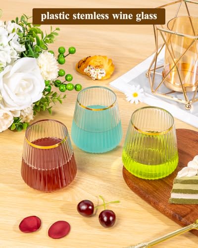 Image of Goodluck 120 Pack 12oz Stemless Ribbed Plastic Wine Glasses Gold Rim | Clear Cups Fancy Reusable Disposable Drinkware for Weddings, Parties, Bars, Indoor and Outdoor Events