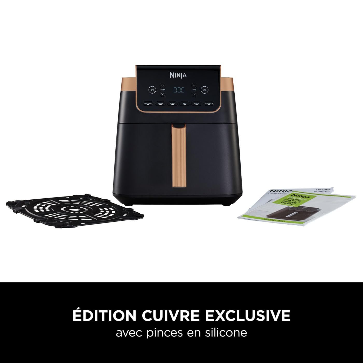 Ninja Air Fryer MAX PRO, 6,2 L, Grand tiroir, rôtir, cuire au four, frire sans huile, familial, antiadhésif, panier/plaque croustillante compatibles lave-vaisselle, pinces, noir/cuivre, AF180EUCP