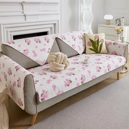 Image of HOMETHREADS Anti-Skid Sofa Protector Mat: Premium Printed Cotton Slipcover with Strong PVC Non-Slip Backing, (White Pink, 1Pc Backrest | 70x75cm)
