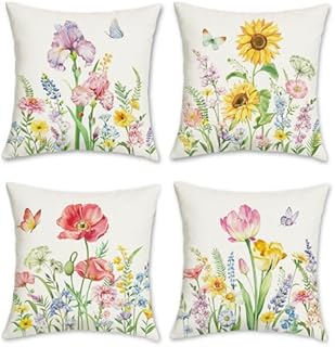 Bonhause Spring Flower Cushion Covers 45 x 45 cm Tulips Iris Sunflower Poppy Floral Decorative Throw Pillow Covers Polyester Linen Pillowcases for Home Garden Outdoor Decor Set of 4