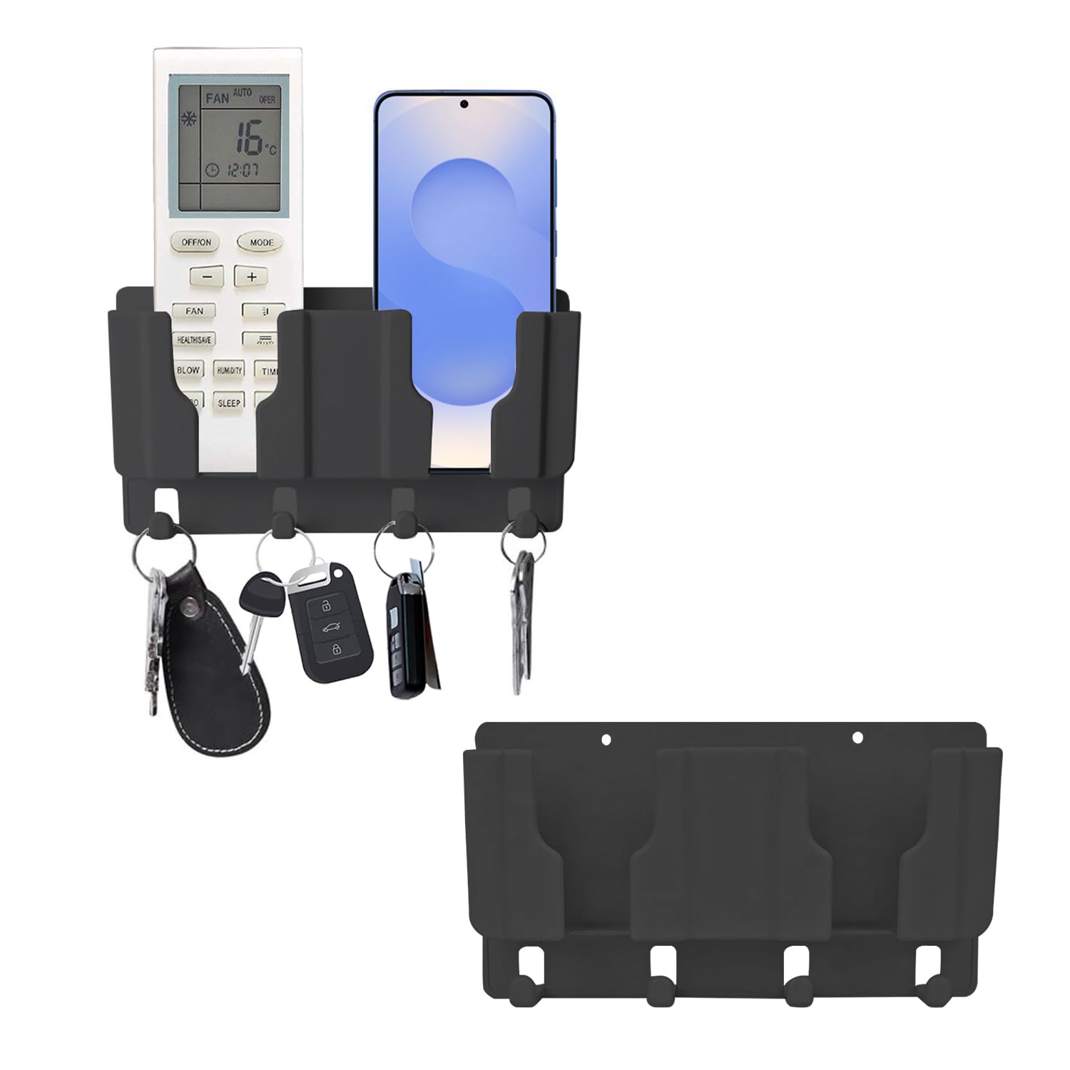 Prolet Wall Mounted Remote Control & Phone Holder With 4 Hooks – Adhesive Charging Stand & Storage Box for AC/TV Remotes and All Smartphones (Black) – Pack of 2-image-45