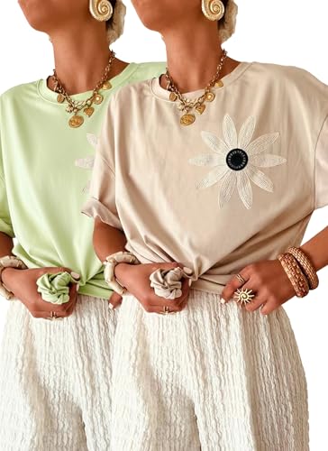 TUREAU 2-Pack Womens Loose Fit Short Sleeve Crewneck T-Shirt Casual Solid Floral Cotton Tee Tops for Beach Work Dailywear Beige-Green XL