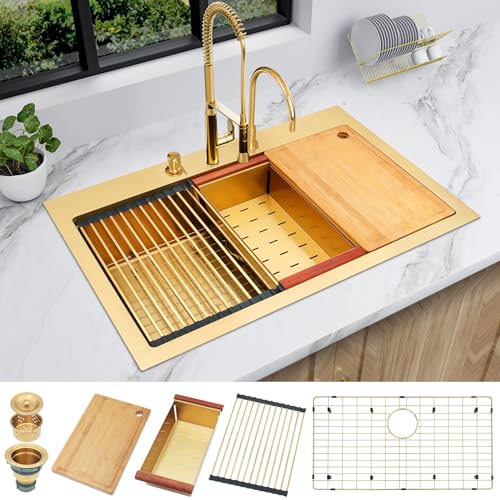 Image of LQS Gold Kitchen Sink 33x22, Gold Drop In Kitchen Sink with 3 Holes, 33 Inch Large Top Mount Stainless Steel Handmade Sturdy 16 Gauge T304 with Abundant Accessories, R10 Round Corner