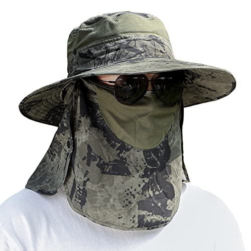 Image of UPF 50+ Sun Fishing Hat for Men Women Wide Brim Hat with Detachable Face Cover & Neck Flap