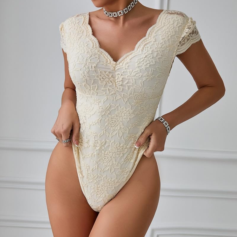 Haibang Body Damen Sexy Spitze V-Ausschnitt Kurzarm Bodysuit Elegant Stickerei Spitzenbody Floral Lace Rückenfrei Oberteil Slim Fit Jumpsuit Overall Sommer Damenbody Spitzenbluse Party Club Shirts