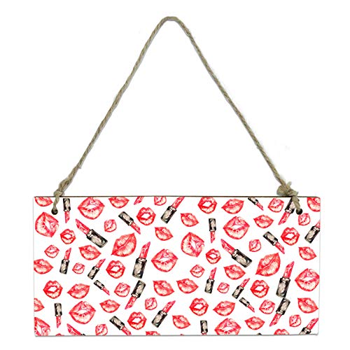 Hanging Wood Signs for Crafts, Sexy Lipstick Lips, Custom Farmhouse Welcome Decorative Sign Plaques for Front Door/Bathroom/Kitchen/Porch, Watercolor Universal Household Signs, 8x4inch