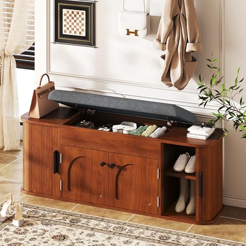 Image of Einhomn 47.2'' Sliding Door Entryway Shoe Storage Bench with Seat Cushion, Shoe Rack with Lift-Top Hidden Storage & Adjustable Shelf, Bench for Bedroom End of Bed, Walnut
