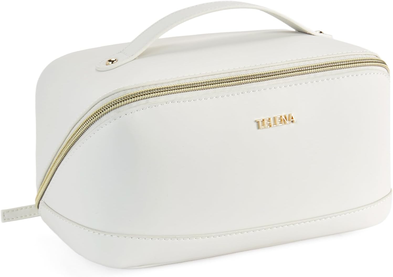 Telena Makeup Bag Large Capacity Travel Cosmetic Bag Portable PU Leather Water Resistant Makeup Organizer Bags for Women with Handle and Divider Open Flat (0-Beige)