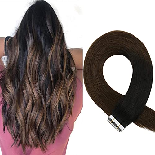 Sunny Ombre Tape in Hair Extensions Human Hair,Remy Tape in Human Hair Extensions,Tape in Hair Extensions Human Hair Ombre,#1B/4 Ombre Black to Dark Brown 24inch 20pcs 50g