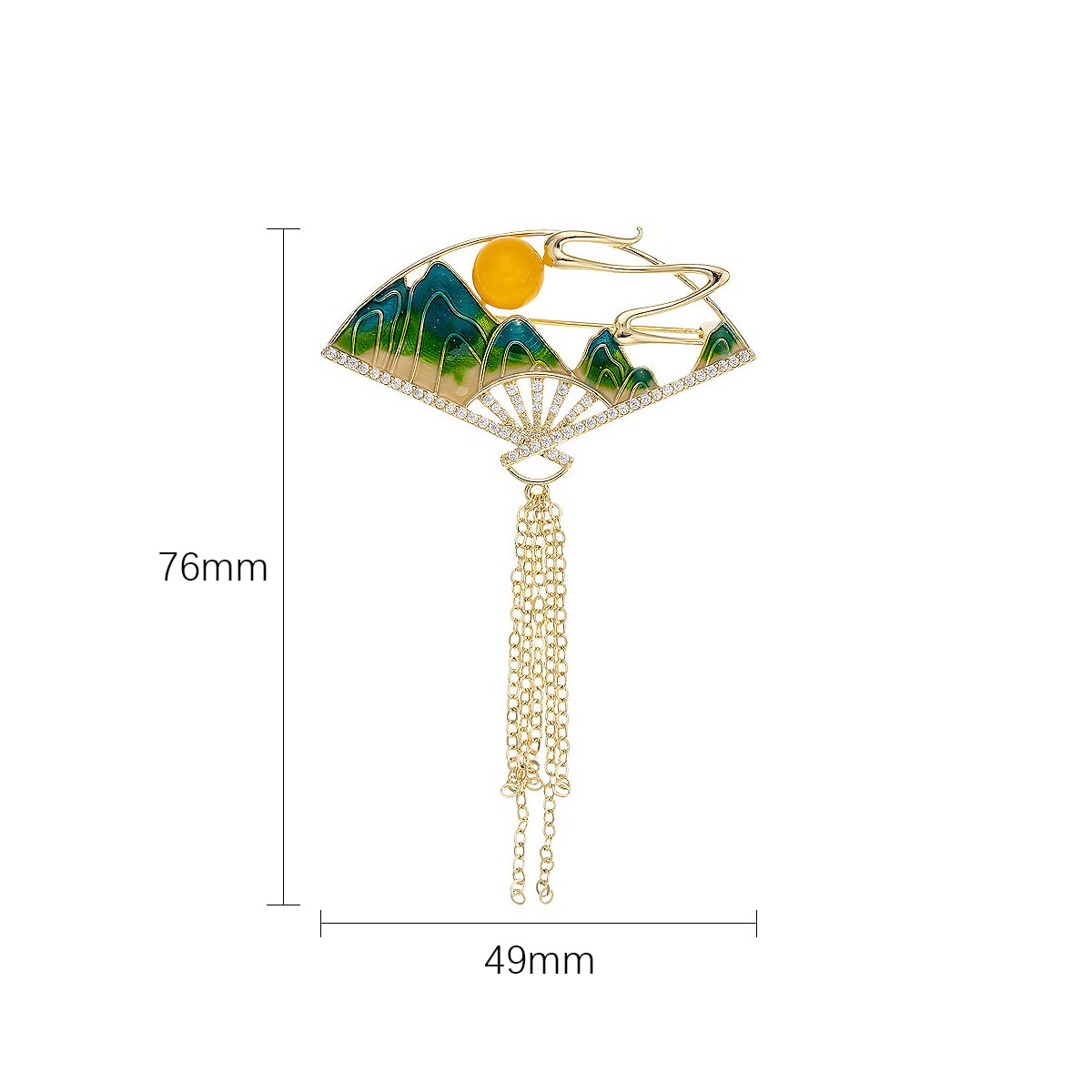 Brosche Pins für Frauen Mode Fan Form Pin grüne Emaille chinesischen Stil Brosche Brosche Schmuck mit Kette, Messing, Zirkonia