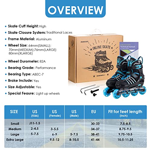 Image of Adjustable Inline Skates with Full Light Up Wheels,Outdoor Illuminating Roller Skates for Kids and Adults, Girls and Boys, Men and Women, Blue L