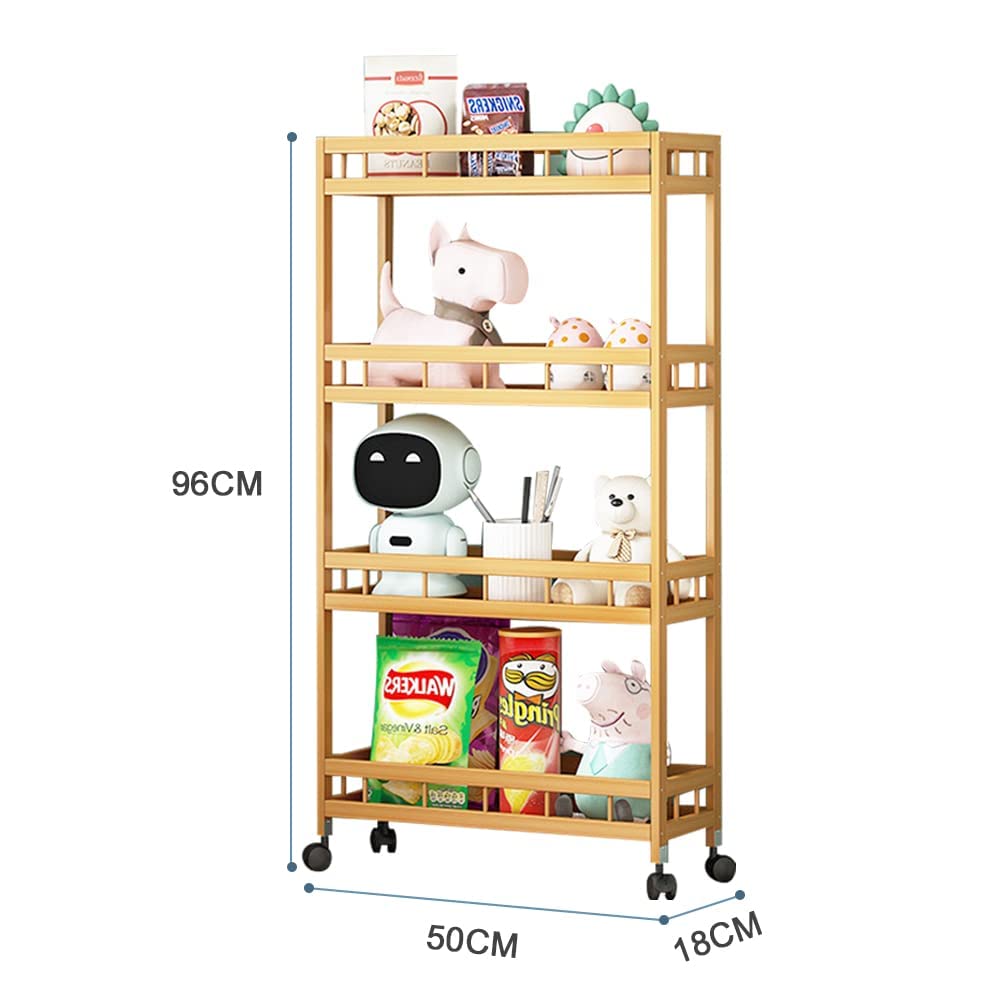 4-Tier Carrello Cucina in Legno di bambù, Carrello da Cucina di Servizio, carrello di stoccaggio sottile multistrato, Carrello di servizio in bambù multiuso (50 x 18 x 96 cm)