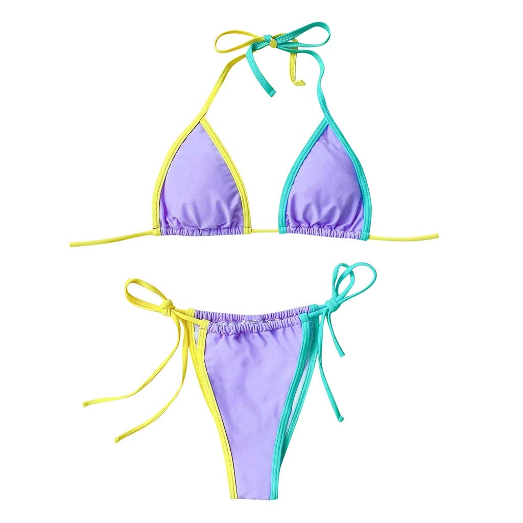 Patchworkowe stringi mikro bikini damskie seksowne bandażowe bikini zestaw push up usztywniane stroje kąpielowe strój kąpielowy z wysokim stanem (kolor: czarny, rozmiar: mały) (fioletowy M)