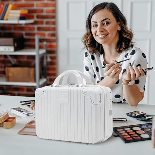 Image of Makeup Case Suitcase, Mini Bag, Mini Hard Shell Travel Luggage, Women Portable Water Proof Carrying Suitcase, Organizer, Small Hard Shell Cosmetic Lugge Bag, Water Proof (B - White)