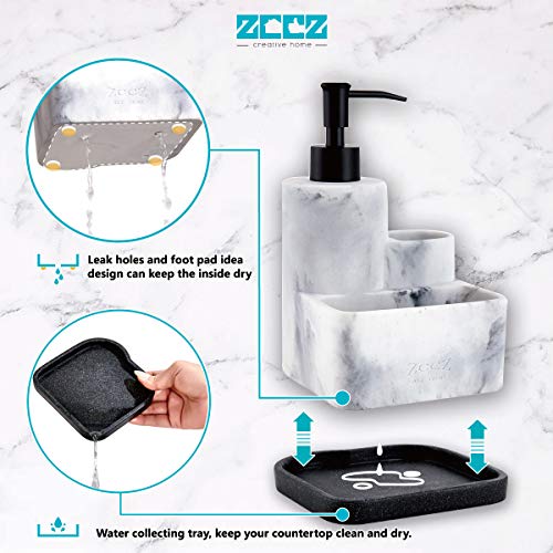 Zccz SOAPDISSPOHOL-02 White Soap Dispenser With Sponge Holder, Kitchen Soap Dispenser Pump, Sponge Caddy And Brush Holder 3 In 1 Set Organizer For Sink Countertop, Removable Tray, Marble Look thumb #2