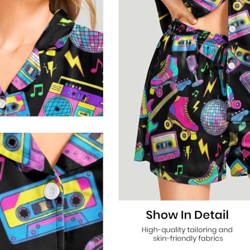 Image of Funny Pajamas for Women Set Print Satin Loungewear Pjs Short Sleeve Button Down Top and Shorts Sets Sleepwear XS-3XL