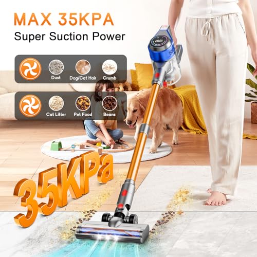 Cordless Stick Vacuum Cleaner - Rechargeable, 35Kpa Powerful Vacuums with Detachable Battery, LED Display, 45Mins Runtime, 8 in 1 Handheld Vacuum for Hardfloor & Carpets Pet Hair, Blue - Image 3